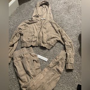 Tan matching joggers and jacket